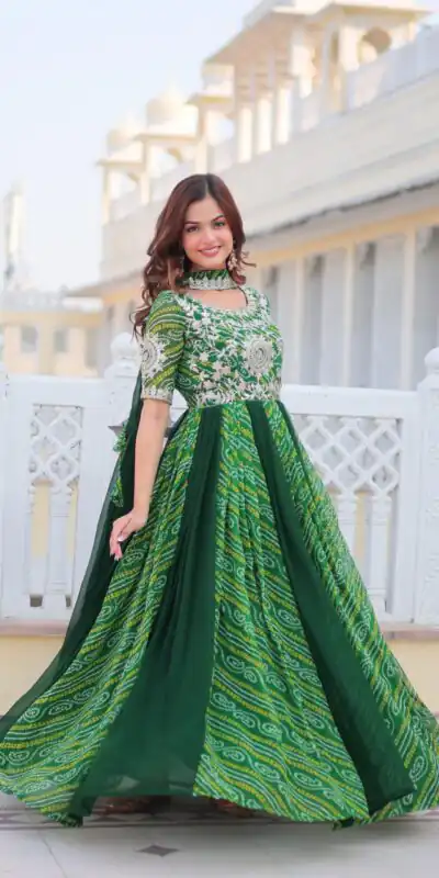 Ram 075 Green Color Bandhej Fox Georgette Sequence Work Gown Casual, Wedding, Party, Festive, Events Etc.4-6 Working Days@ 2049/-only | Gowns, Bollywood Gowns, Creative Gowns, Designer Gowns, Embroidered Gowns, Party Wear Gowns