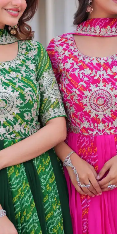 Ram 075 Green Color Bandhej Fox Georgette Sequence Work Gown Casual, Wedding, Party, Festive, Events Etc.4-6 Working Days@ 2049/-only | Gowns, Bollywood Gowns, Creative Gowns, Designer Gowns, Embroidered Gowns, Party Wear Gowns