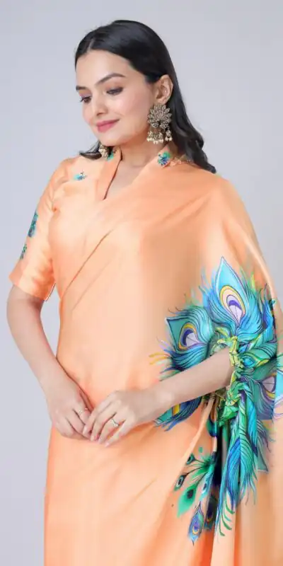 ST 1102 Peach Color Japan Satin Digital Print Work Saree Casual, Wedding, Festive, Events . Expected Delivery  4-6 Working Days @1849/- only      | Sarees, Bollywood Sarees, Creative Sarees, Designer Sarees, Embroidered Sarees, Ethnic Saree, Modern Digital sarees, Party Wear Sarees