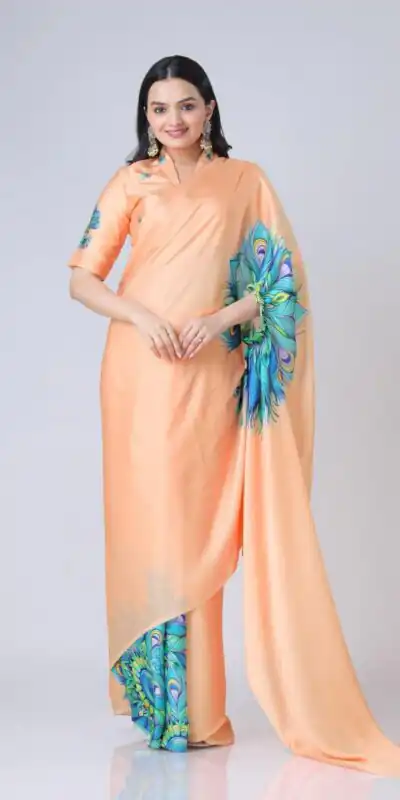 ST 1102 Peach Color Japan Satin Digital Print Work Saree Casual, Wedding, Festive, Events . Expected Delivery  4-6 Working Days @1849/- only      | Sarees, Bollywood Sarees, Creative Sarees, Designer Sarees, Embroidered Sarees, Ethnic Saree, Modern Digital sarees, Party Wear Sarees
