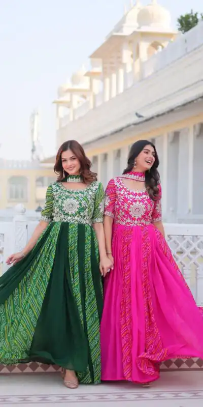 Ram 075 Pink Color Bandhej Fox Georgette Sequence Work Gown Casual, Wedding, Party, Festive, Events Etc.4-6 Working Days@ 2049/-only | Gowns, Bollywood Gowns, Creative Gowns, Designer Gowns, Embroidered Gowns, Party Wear Gowns