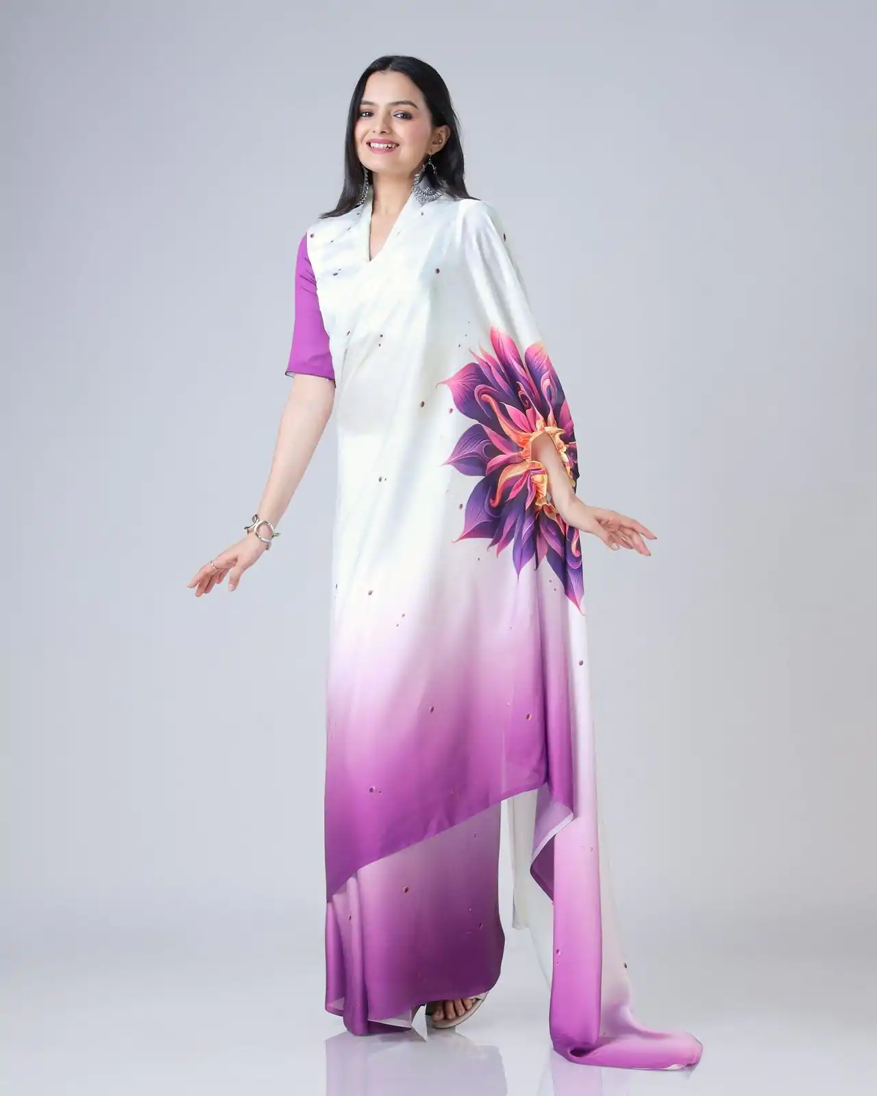 ST 1102 Purple White Color Japan Satin Digital Print Work Saree Casual, Wedding, Festive, Events . Expected Delivery  4-6 Working Days @1849/- only      | Sarees, Bollywood Sarees, Creative Sarees, Designer Sarees, Embroidered Sarees, Ethnic Saree, Modern Digital sarees, Party Wear Sarees