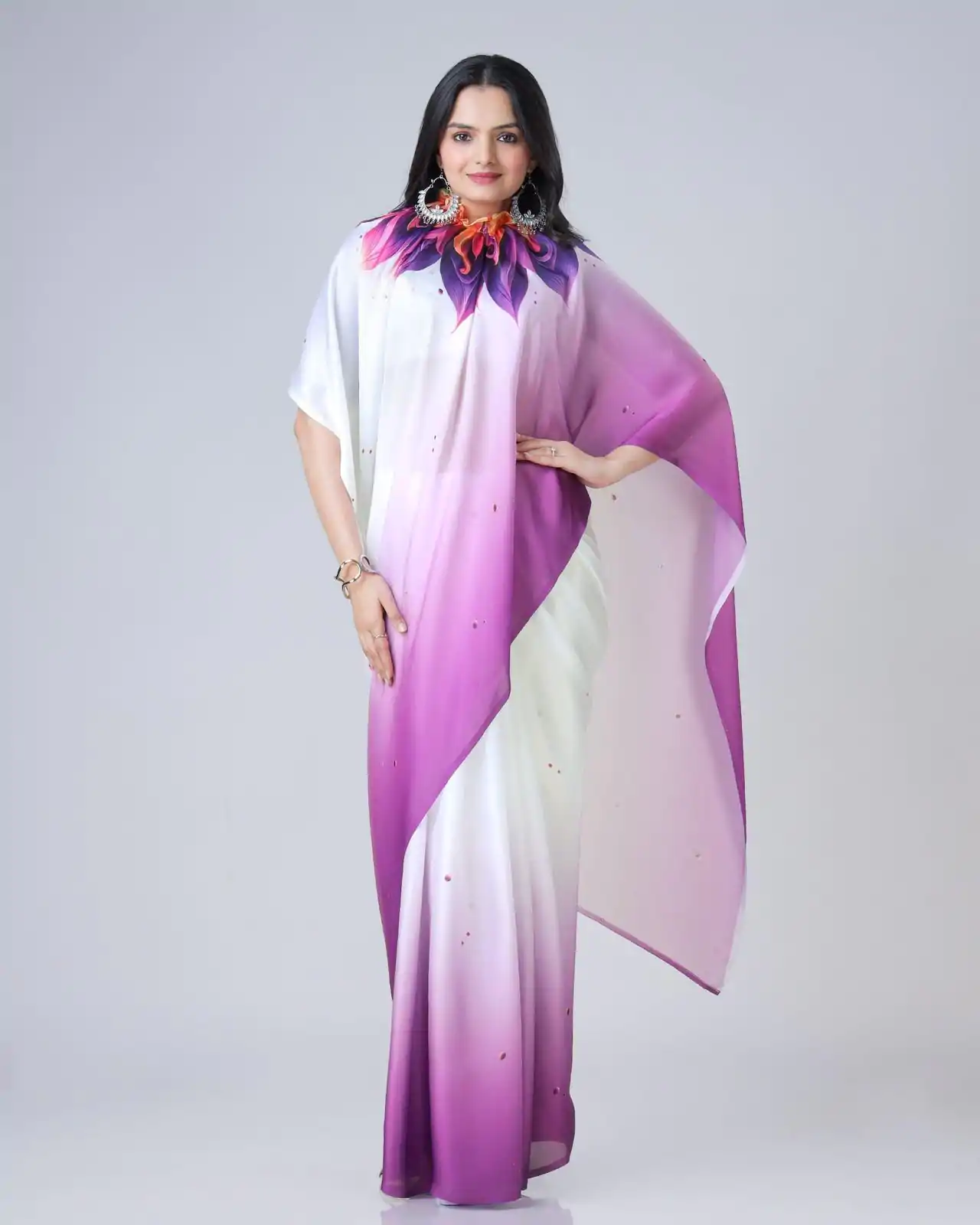 ST 1102 Purple White Color Japan Satin Digital Print Work Saree Casual, Wedding, Festive, Events . Expected Delivery  4-6 Working Days @1849/- only      | Sarees, Bollywood Sarees, Creative Sarees, Designer Sarees, Embroidered Sarees, Ethnic Saree, Modern Digital sarees, Party Wear Sarees