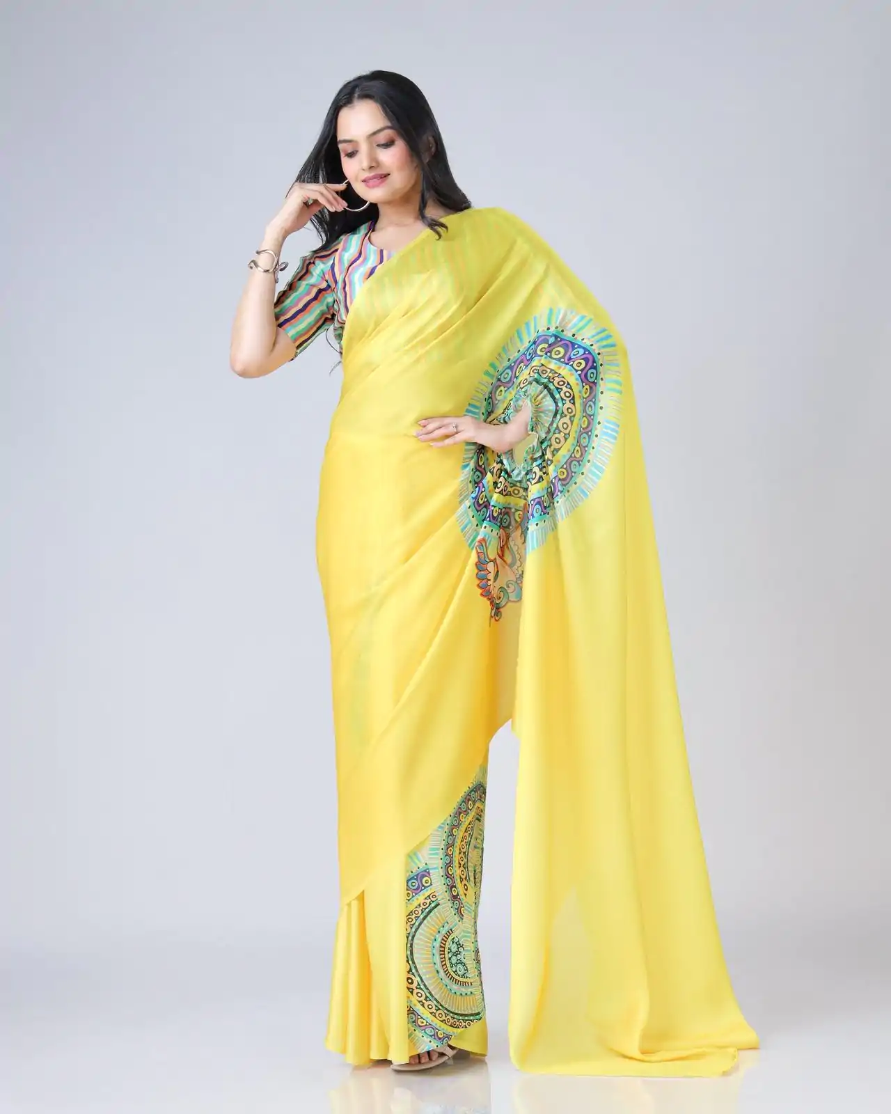 ST 1102 Yellow Color Japan Satin Digital Print Work Saree Casual, Wedding, Festive, Events . Expected Delivery  4-6 Working Days @1849/- only      | Sarees, Bollywood Sarees, Creative Sarees, Designer Sarees, Embroidered Sarees, Ethnic Saree, Modern Digital sarees, Party Wear Sarees