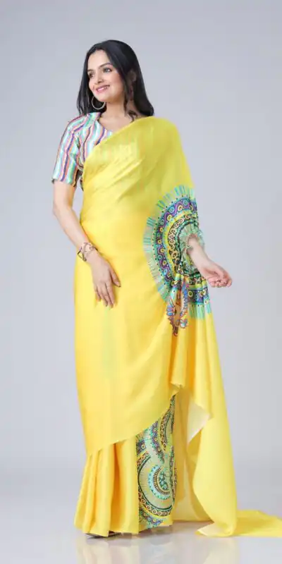 ST 1102 Yellow Color Japan Satin Digital Print Work Saree Casual, Wedding, Festive, Events . Expected Delivery  4-6 Working Days @1849/- only      | Sarees, Bollywood Sarees, Creative Sarees, Designer Sarees, Embroidered Sarees, Ethnic Saree, Modern Digital sarees, Party Wear Sarees