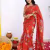Super Red Color Vichitra Silk Digital Prints Mirror Sequence Work Saree