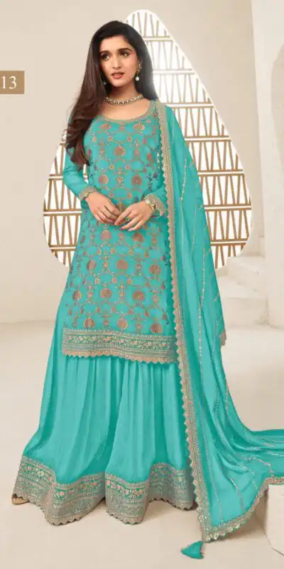 FC 66211 Firozi Color Jacquard Silk Chinon Multi Work Salwar Suit Casual, Wedding, Party, Festive, Events Etc.4-6 Working Days@ 2649/-only | Jump Suits, Salwar suit, Designer Suits, Casual Suits, Creative suits, Palazzo Suits, Party Wear Suits, Patiala Suits, Straight Suits