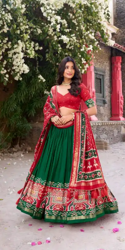 LNB 1221 Green Color Tushar Silk Patola Printed Lehenga Choli Casual, Wedding, Party, Festive, Events Etc.4-6 Working Days@ 2249/-only | Lehenga, Bollywood Lehenga, Creative Lehenga, Designer Lehenga, Embroidered Lehenga, Party Wear Lehenga