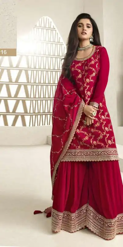 FC 66211 Red Color Jacquard Silk Chinon Multi Work Salwar Suit Casual, Wedding, Party, Festive, Events Etc.4-6 Working Days@ 2649/-only | Jump Suits, Salwar suit, Designer Suits, Casual Suits, Creative suits, Palazzo Suits, Party Wear Suits, Patiala Suits, Straight Suits