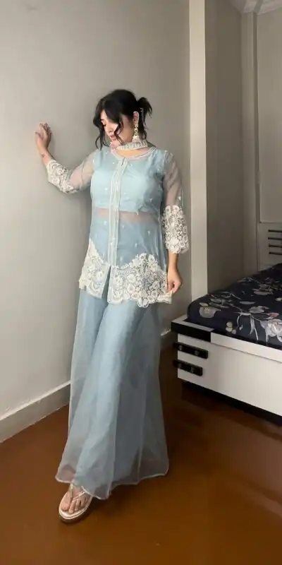 LG 1902 Sky Blue Color Organza Sequence Work Indo-Western Suit Casual, Wedding, Party, Festive, Events Etc.4-6 Working Days@ 2049/-only | Jump Suits, Salwar suit, Designer Suits, Casual Suits, Creative suits, Palazzo Suits, Party Wear Suits, Patiala Suits, Straight Suits