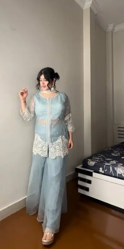LG 1902 Sky Blue Color Organza Sequence Work Indo-Western Suit Casual, Wedding, Party, Festive, Events Etc.4-6 Working Days@ 2049/-only | Jump Suits, Salwar suit, Designer Suits, Casual Suits, Creative suits, Palazzo Suits, Party Wear Suits, Patiala Suits, Straight Suits
