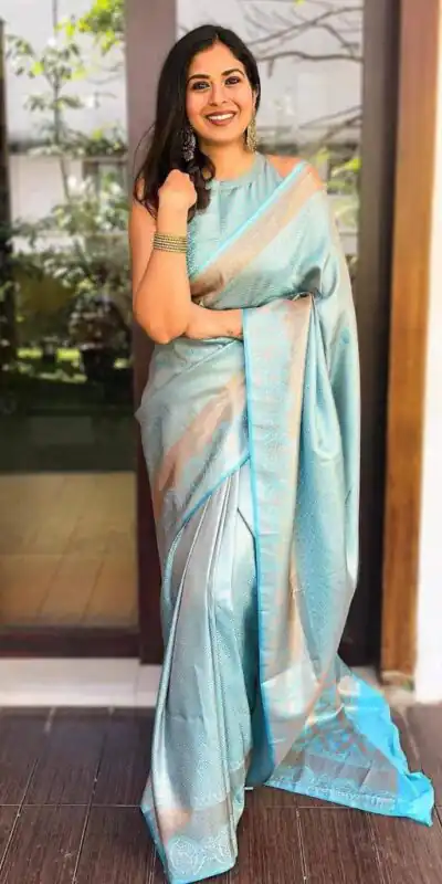  KP 4041 Sky Blue Color Soft Lichi Silk Jacquard Work On All Over Saree Casual, Wedding, Festive, Events . Expected Delivery  4-6 Working Days @1349/- only                                                                                                                                             | Sarees, Bollywood Sarees, Creative Sarees, Designer Sarees, Embroidered Sarees, Ethnic Saree, Modern Digital sarees, Party Wear Sarees