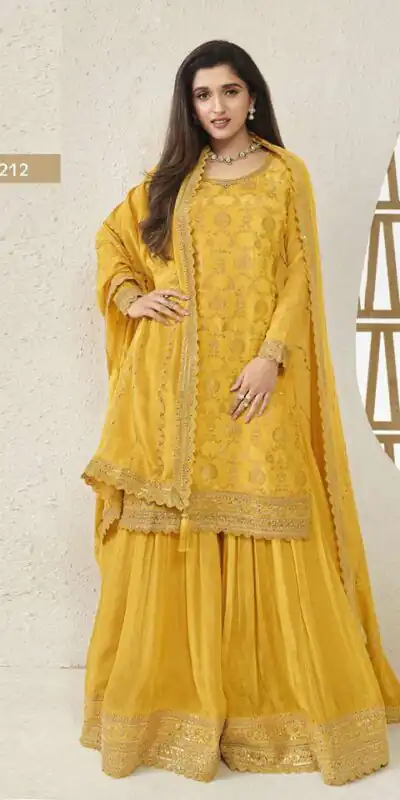 FC 66211 Yellow Color Jacquard Silk Chinon Multi Work Salwar Suit Casual, Wedding, Party, Festive, Events Etc.4-6 Working Days@ 2649/-only | Jump Suits, Salwar suit, Designer Suits, Casual Suits, Creative suits, Palazzo Suits, Party Wear Suits, Patiala Suits, Straight Suits