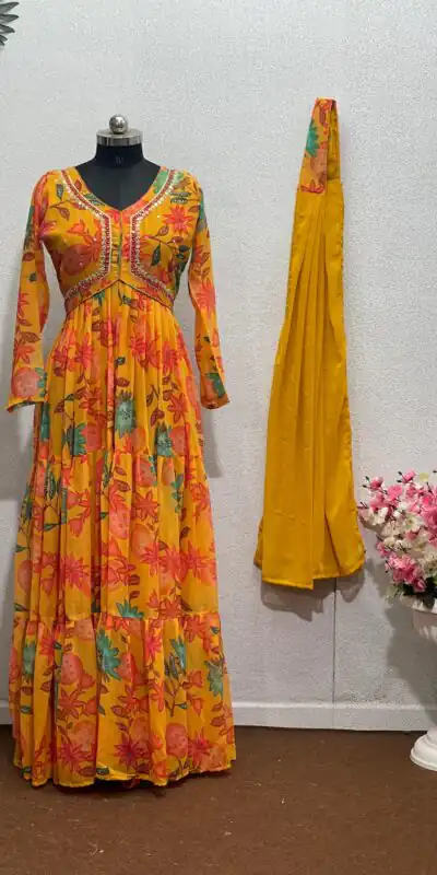 KF 1616 Yellow Color Foix Georgette Sequence Work With Ruffle Gown Casual, Wedding, Party, Festive, Events Etc.4-6 Working Days@ 1899/-only | Gowns, Bollywood Gowns, Creative Gowns, Designer Gowns, Embroidered Gowns, Party Wear Gowns