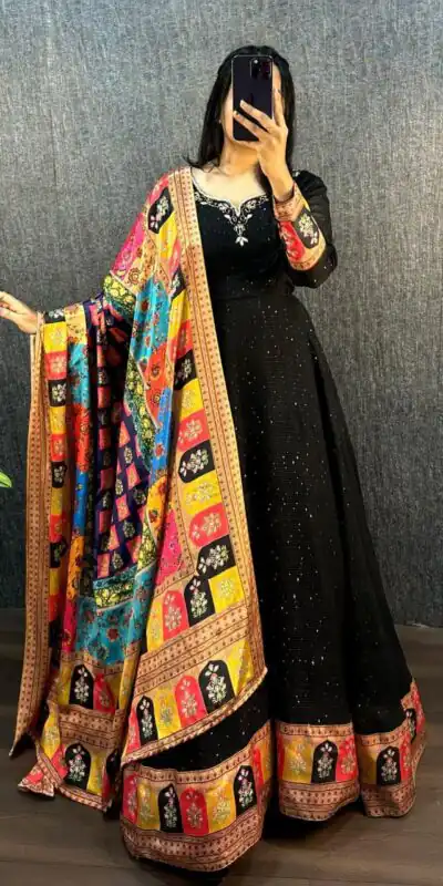 MF 781 Black Georgette Wide Sequence Work Anarkali Gown Wedding Party, Festive, Events Etc.4-6 Working Days @ 1649/ - only | Gowns, Bollywood Gowns, Creative Gowns, Designer Gowns, Embroidered Gowns, Party Wear Gowns, Straight Suits