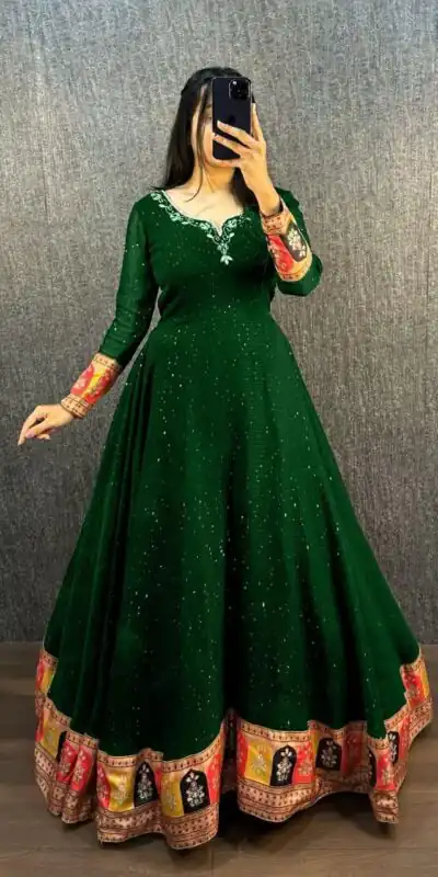 MF 781 Green Georgette Wide Sequence Work Anarkali Gown Wedding Party, Festive, Events Etc.4-6 Working Days @ 1649/ - only | Gowns, Bollywood Gowns, Creative Gowns, Designer Gowns, Embroidered Gowns, Party Wear Gowns, Straight Suits