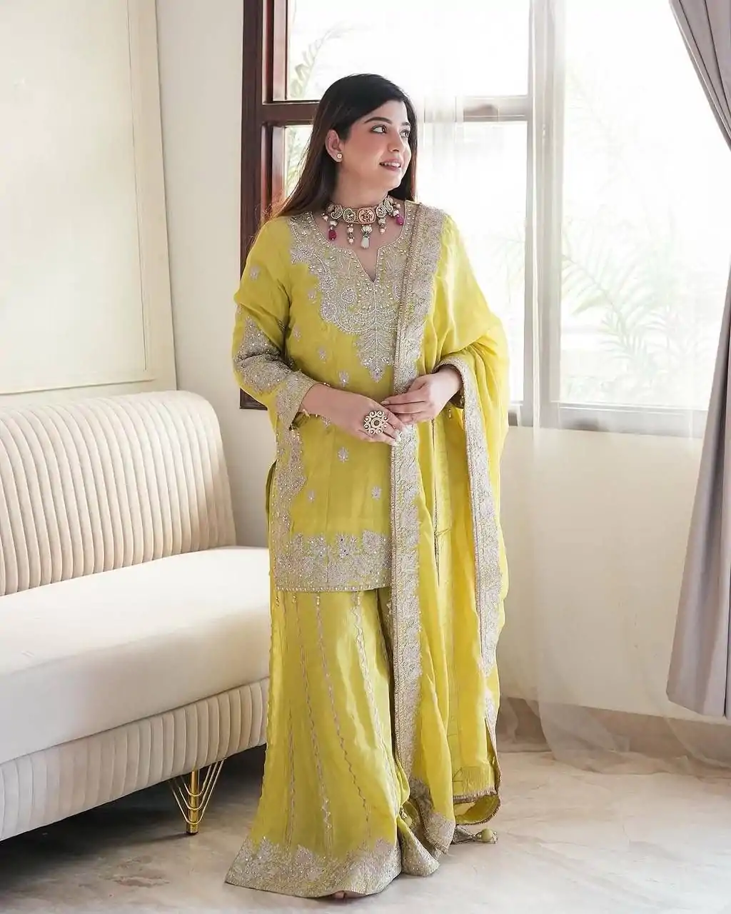 SSR 5002 Lemon Yellow Color Chinon Sequence Rivet Moti Salwar Suit Casual, Wedding, Festive, Events . Expected Delivery  4-6 Working Days @2149/- only      | Jump Suits, Salwar suit, Designer Suits, Casual Suits, Creative suits, Palazzo Suits, Party Wear Suits, Patiala Suits, Straight Suits