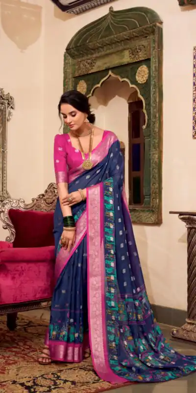 YNF 7031 Navy Blue Color Poly Cotton Kalamkari Print Saree Casual, Wedding, Festive, Events . Expected Delivery  4-6 Working Days @1699/- only                                                                                                                                           | Sarees, Bollywood Sarees, Creative Sarees, Designer Sarees, Embroidered Sarees, Ethnic Saree, Modern Digital sarees, Party Wear Sarees