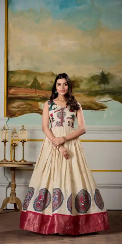 YNF 5310 Red Color Dola Silk Kalamkari Print Zari Weaving Broder Gown Casual, Wedding, Party, Festive, Events Etc.4-6 Working Days@ 1749/-only | Gowns, Bollywood Gowns, Creative Gowns, Designer Gowns, Embroidered Gowns, Party Wear Gowns