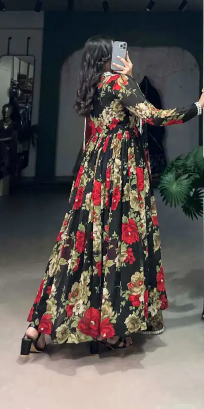 YNF 5040 Red Color Georgette Floral Printed Paper Mirror Lace Gown Casual, Wedding, Party, Festive, Events Etc. Expected Delivery 4-6 Working Days @1899/- | Gowns, Bollywood Gowns, Creative Gowns, Designer Gowns, Embroidered Gowns, Party Wear Gowns