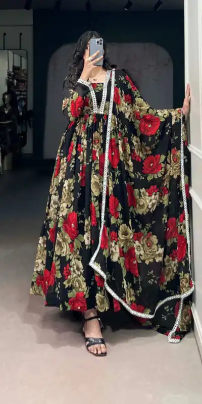 YNF 5040 Red Color Georgette Floral Printed Paper Mirror Lace Gown Casual, Wedding, Party, Festive, Events Etc. Expected Delivery 4-6 Working Days @1899/- | Gowns, Bollywood Gowns, Creative Gowns, Designer Gowns, Embroidered Gowns, Party Wear Gowns