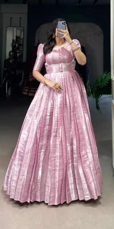 YNF 5321 Pink Color Kanjivaram Zari Weaving Work Gown Casual, Wedding, Festive, Events . Expected Delivery  4-6 Working Days @1999/- only      | Gowns, Bollywood Gowns, Creative Gowns, Designer Gowns, Embroidered Gowns, Party Wear Gowns