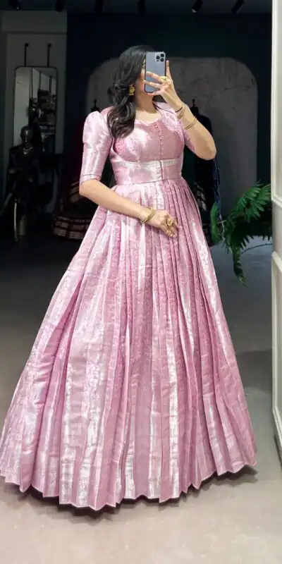 YNF 5321 Pink Color Kanjivaram Zari Weaving Work Gown Casual, Wedding, Festive, Events . Expected Delivery  4-6 Working Days @1999/- only      | Gowns, Bollywood Gowns, Creative Gowns, Designer Gowns, Embroidered Gowns, Party Wear Gowns