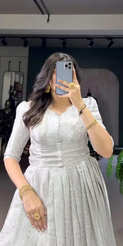 YNF 5321 White Color Kanjivaram Zari Weaving Work Gown Casual, Wedding, Festive, Events . Expected Delivery  4-6 Working Days @1999/- only      | Gowns, Bollywood Gowns, Creative Gowns, Designer Gowns, Embroidered Gowns, Party Wear Gowns