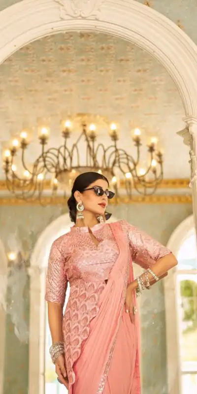 ST 1103 Peach Color Chinon Embroidery Work Lace Border Saree Casual, Wedding, Festive, Events . Expected Delivery  4-6 Working Days @2099/- only                                                                                                                                           | Sarees, Bollywood Sarees, Creative Sarees, Designer Sarees, Embroidered Sarees, Ethnic Saree, Modern Digital sarees, Party Wear Sarees