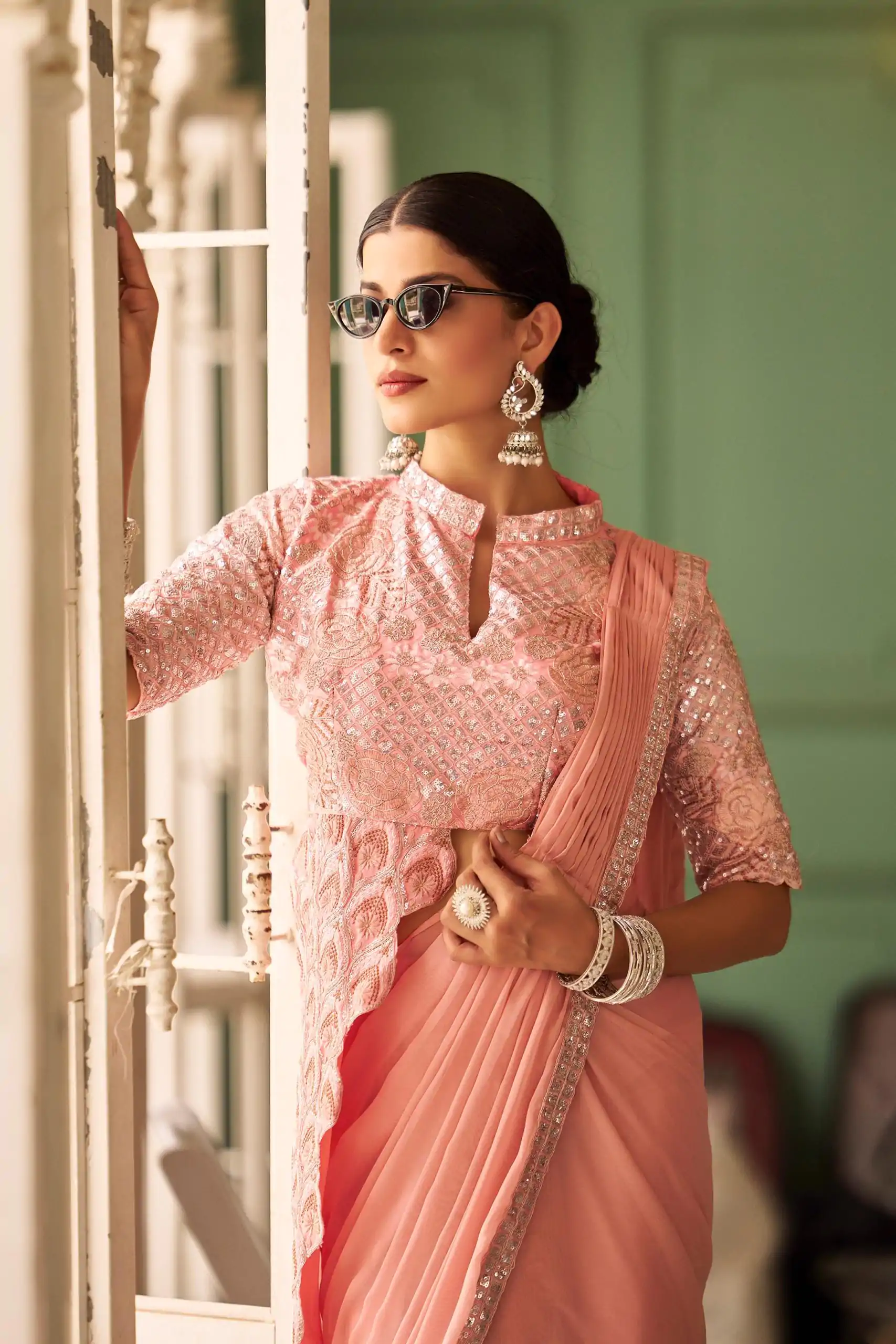 ST 1103 Peach Color Chinon Embroidery Work Lace Border Saree Casual, Wedding, Festive, Events . Expected Delivery  4-6 Working Days @2099/- only                                                                                                                                           | Sarees, Bollywood Sarees, Creative Sarees, Designer Sarees, Embroidered Sarees, Ethnic Saree, Modern Digital sarees, Party Wear Sarees