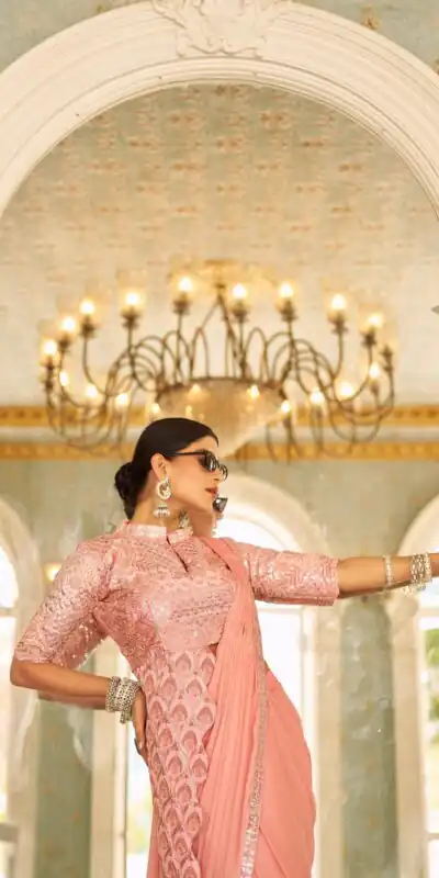 ST 1103 Peach Color Chinon Embroidery Work Lace Border Saree Casual, Wedding, Festive, Events . Expected Delivery  4-6 Working Days @2099/- only                                                                                                                                           | Sarees, Bollywood Sarees, Creative Sarees, Designer Sarees, Embroidered Sarees, Ethnic Saree, Modern Digital sarees, Party Wear Sarees