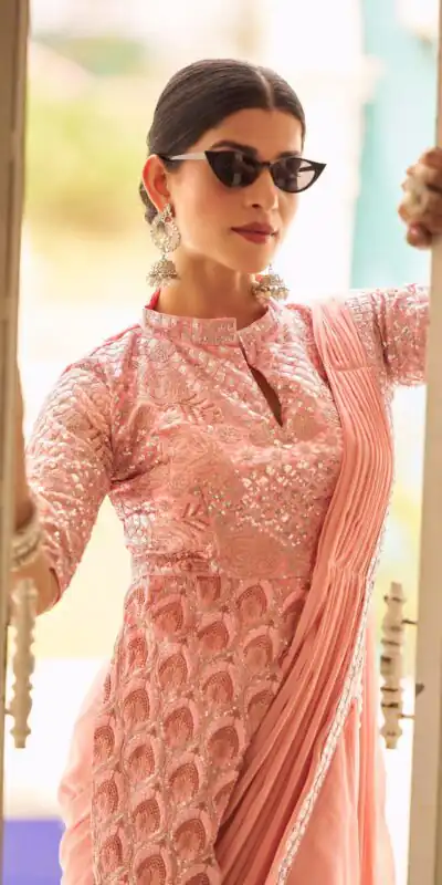 ST 1103 Peach Color Chinon Embroidery Work Lace Border Saree Casual, Wedding, Festive, Events . Expected Delivery  4-6 Working Days @2099/- only                                                                                                                                           | Sarees, Bollywood Sarees, Creative Sarees, Designer Sarees, Embroidered Sarees, Ethnic Saree, Modern Digital sarees, Party Wear Sarees