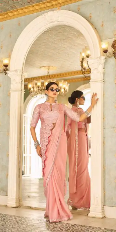 ST 1103 Peach Color Chinon Embroidery Work Lace Border Saree Casual, Wedding, Festive, Events . Expected Delivery  4-6 Working Days @2099/- only                                                                                                                                           | Sarees, Bollywood Sarees, Creative Sarees, Designer Sarees, Embroidered Sarees, Ethnic Saree, Modern Digital sarees, Party Wear Sarees