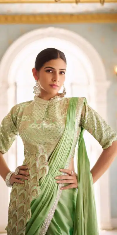 ST 1103 Pista Color Chinon Embroidery Work Lace Border Saree Casual, Wedding, Festive, Events . Expected Delivery  4-6 Working Days @2099/- only                                                                                                                                           | Sarees, Bollywood Sarees, Creative Sarees, Designer Sarees, Embroidered Sarees, Ethnic Saree, Modern Digital sarees, Party Wear Sarees