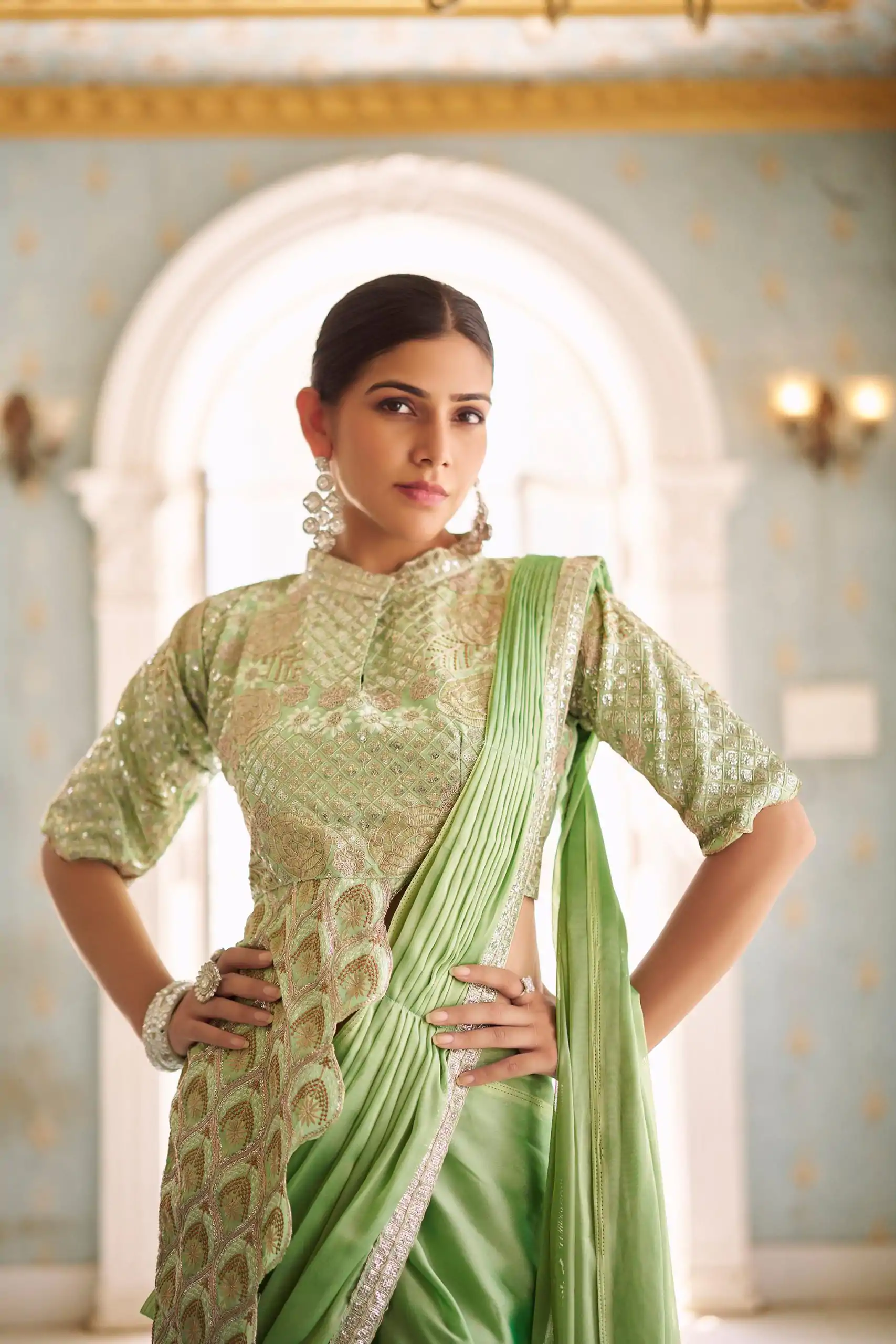 ST 1103 Pista Color Chinon Embroidery Work Lace Border Saree Casual, Wedding, Festive, Events . Expected Delivery  4-6 Working Days @2099/- only                                                                                                                                           | Sarees, Bollywood Sarees, Creative Sarees, Designer Sarees, Embroidered Sarees, Ethnic Saree, Modern Digital sarees, Party Wear Sarees