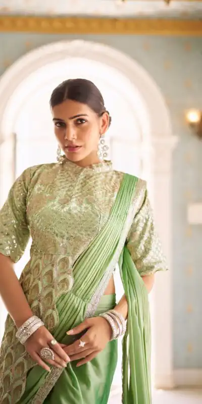 ST 1103 Pista Color Chinon Embroidery Work Lace Border Saree Casual, Wedding, Festive, Events . Expected Delivery  4-6 Working Days @2099/- only                                                                                                                                           | Sarees, Bollywood Sarees, Creative Sarees, Designer Sarees, Embroidered Sarees, Ethnic Saree, Modern Digital sarees, Party Wear Sarees