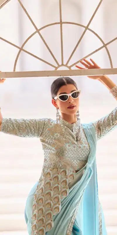 ST 1103 Sky Blue Color Chinon Embroidery Work Lace Border Saree Casual, Wedding, Festive, Events . Expected Delivery  4-6 Working Days @2099/- only                                                                                                                                           | Sarees, Bollywood Sarees, Creative Sarees, Designer Sarees, Embroidered Sarees, Ethnic Saree, Modern Digital sarees, Party Wear Sarees