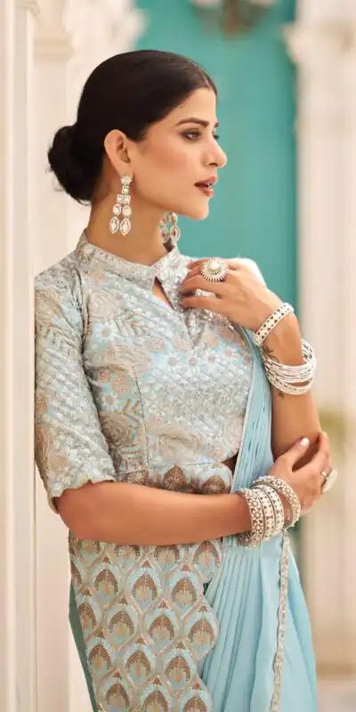 ST 1103 Sky Blue Color Chinon Embroidery Work Lace Border Saree Casual, Wedding, Festive, Events . Expected Delivery  4-6 Working Days @2099/- only                                                                                                                                           | Sarees, Bollywood Sarees, Creative Sarees, Designer Sarees, Embroidered Sarees, Ethnic Saree, Modern Digital sarees, Party Wear Sarees