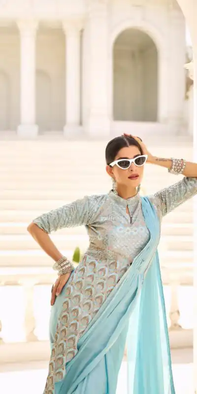 ST 1103 Sky Blue Color Chinon Embroidery Work Lace Border Saree Casual, Wedding, Festive, Events . Expected Delivery  4-6 Working Days @2099/- only                                                                                                                                           | Sarees, Bollywood Sarees, Creative Sarees, Designer Sarees, Embroidered Sarees, Ethnic Saree, Modern Digital sarees, Party Wear Sarees