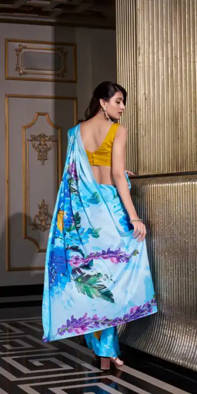 YNF 7026 Sky Blue Color Satin Silk Printed Saree Casual, Wedding, Festive, Events . Expected Delivery  4-6 Working Days @1599/- only                                                                                                                                           | Sarees, Bollywood Sarees, Creative Sarees, Designer Sarees, Embroidered Sarees, Ethnic Saree, Modern Digital sarees, Party Wear Sarees