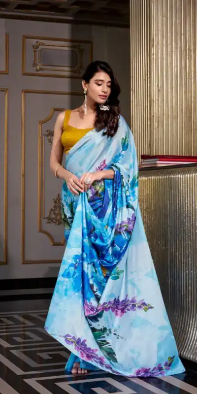 YNF 7026 Sky Blue Color Satin Silk Printed Saree Casual, Wedding, Festive, Events . Expected Delivery  4-6 Working Days @1599/- only                                                                                                                                           | Sarees, Bollywood Sarees, Creative Sarees, Designer Sarees, Embroidered Sarees, Ethnic Saree, Modern Digital sarees, Party Wear Sarees
