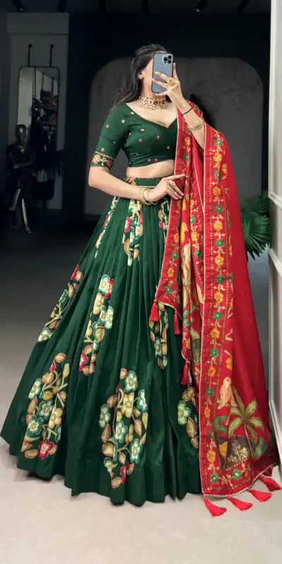 LNB 1239 Green Color Tushar Silk Printed Foil Work Lehenga Choli Casual, Wedding, Party, Festive, Events Etc.4-6 Working Days@ 2249/-only | Lehenga, Bollywood Lehenga, Creative Lehenga, Designer Lehenga, Embroidered Lehenga, Party Wear Lehenga