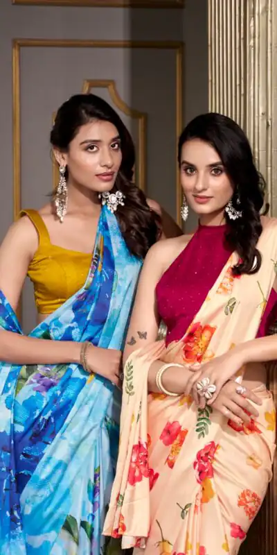 YNF 7026 Cream Color Satin Silk Printed Saree Casual, Wedding, Festive, Events . Expected Delivery  4-6 Working Days @1599/- only                                                                                                                                           | Sarees, Bollywood Sarees, Creative Sarees, Designer Sarees, Embroidered Sarees, Ethnic Saree, Modern Digital sarees, Party Wear Sarees