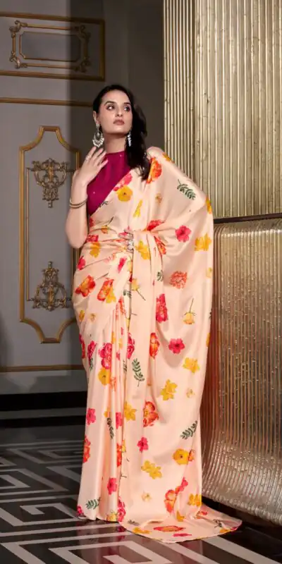 YNF 7026 Cream Color Satin Silk Printed Saree Casual, Wedding, Festive, Events . Expected Delivery  4-6 Working Days @1599/- only                                                                                                                                           | Sarees, Bollywood Sarees, Creative Sarees, Designer Sarees, Embroidered Sarees, Ethnic Saree, Modern Digital sarees, Party Wear Sarees