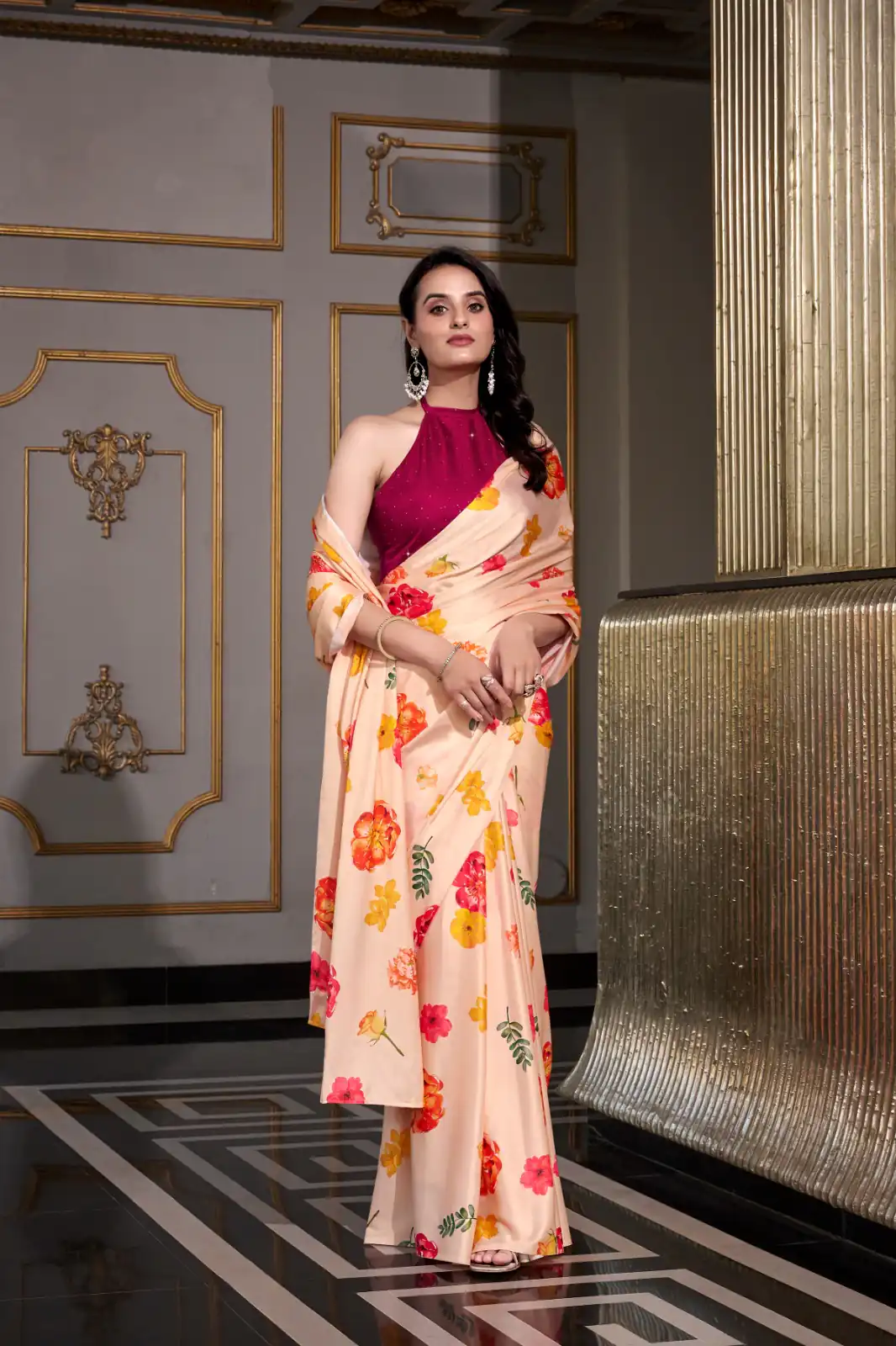 YNF 7026 Cream Color Satin Silk Printed Saree Casual, Wedding, Festive, Events . Expected Delivery  4-6 Working Days @1599/- only                                                                                                                                           | Sarees, Bollywood Sarees, Creative Sarees, Designer Sarees, Embroidered Sarees, Ethnic Saree, Modern Digital sarees, Party Wear Sarees