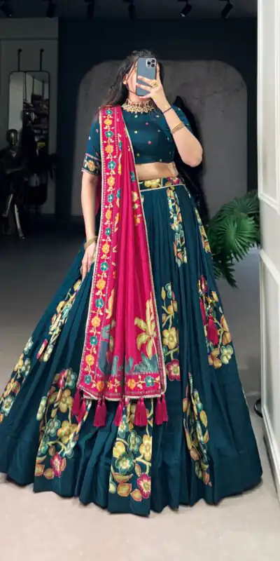 LNB 1239 Peacock Blue Color Tushar Silk Printed Foil Work Lehenga Choli Casual, Wedding, Party, Festive, Events Etc.4-6 Working Days@ 2249/-only | Lehenga, Bollywood Lehenga, Creative Lehenga, Designer Lehenga, Embroidered Lehenga, Party Wear Lehenga