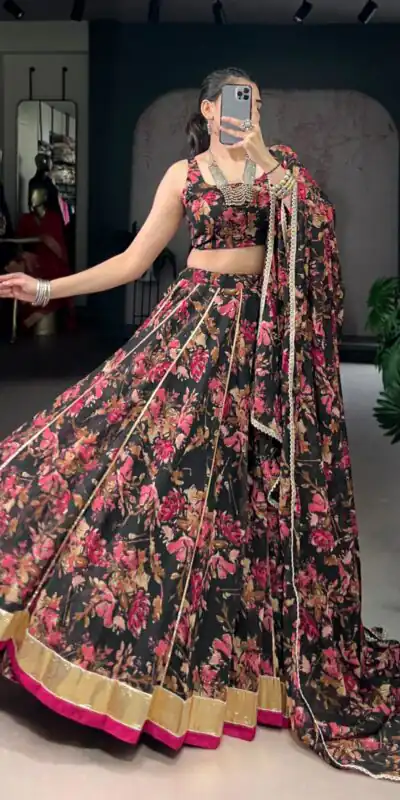 LNB 1672 Black Color Chiffon Floral Print Foil Print Embossed Design Lehenga Choli Wedding, Party, Festive, Events Etc. Delivery 4-6 Working Days Rs 3499 | Lehenga, Bollywood Lehenga, Creative Lehenga, Designer Lehenga, Embroidered Lehenga, Party Wear Lehenga