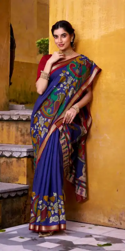 YNF 7048 Blue Color Polyester Chanderi Kalamkari Weaving Work Saree Casual, Wedding, Festive, Events . Expected Delivery  4-6 Working Days @1499/- only                                | Sarees, Bollywood Sarees, Creative Sarees, Designer Sarees, Embroidered Sarees, Ethnic Saree, Modern Digital sarees, Party Wear Sarees