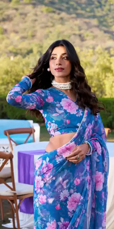 YNF 7010 Blue Color Weightless Marbal Floral Printed Pearl Lace Saree Casual, Wedding, Festive, Events . Expected Delivery  4-6 Working Days @1599/- only                                                                                | Sarees, Bollywood Sarees, Creative Sarees, Designer Sarees, Embroidered Sarees, Ethnic Saree, Modern Digital sarees, Party Wear Sarees