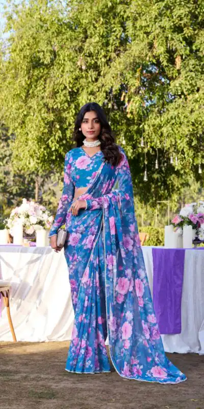 YNF 7010 Blue Color Weightless Marbal Floral Printed Pearl Lace Saree Casual, Wedding, Festive, Events . Expected Delivery  4-6 Working Days @1599/- only                                                                                | Sarees, Bollywood Sarees, Creative Sarees, Designer Sarees, Embroidered Sarees, Ethnic Saree, Modern Digital sarees, Party Wear Sarees